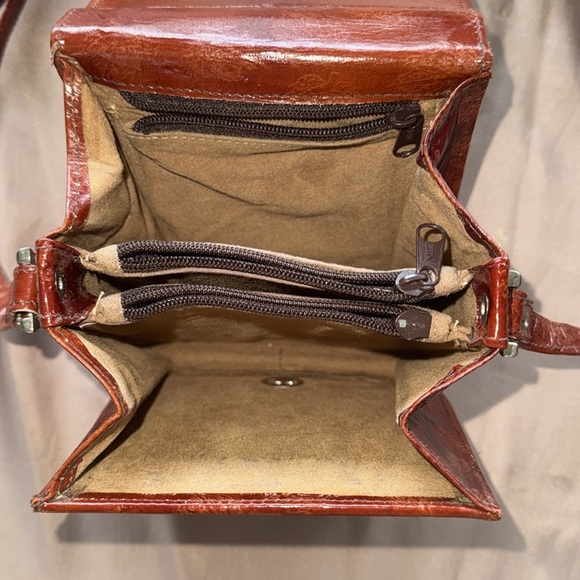 Rossini Rust Brown Embossed Leather Crossbody Bag Adjustable Strap Structured - Picture 3 of 11